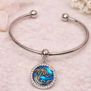 Silver Palm Tree Ocean Waves Snap Charm Cuff Bracelet Rhinestone Tropical